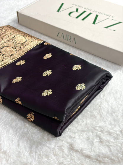 Banarasi Dark Wine Floral Boota Pattern Satin Katan Silk Saree SK71