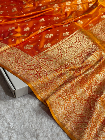 Fire Gold Floral Unique Boota Pattern Satin Katan Silk Saree SK73