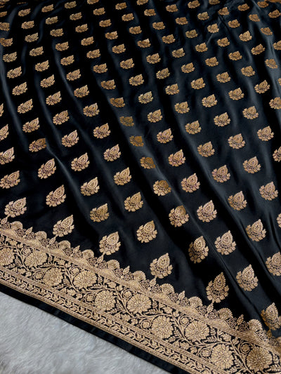 Black Floral Boota Pattern Satin Katan Silk saree SK45