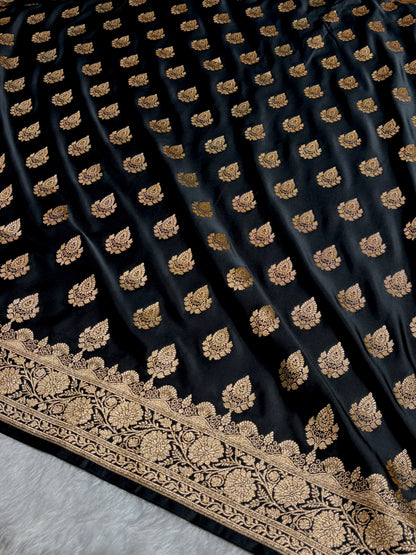 Black Floral Boota Pattern Satin Katan Silk saree SK45