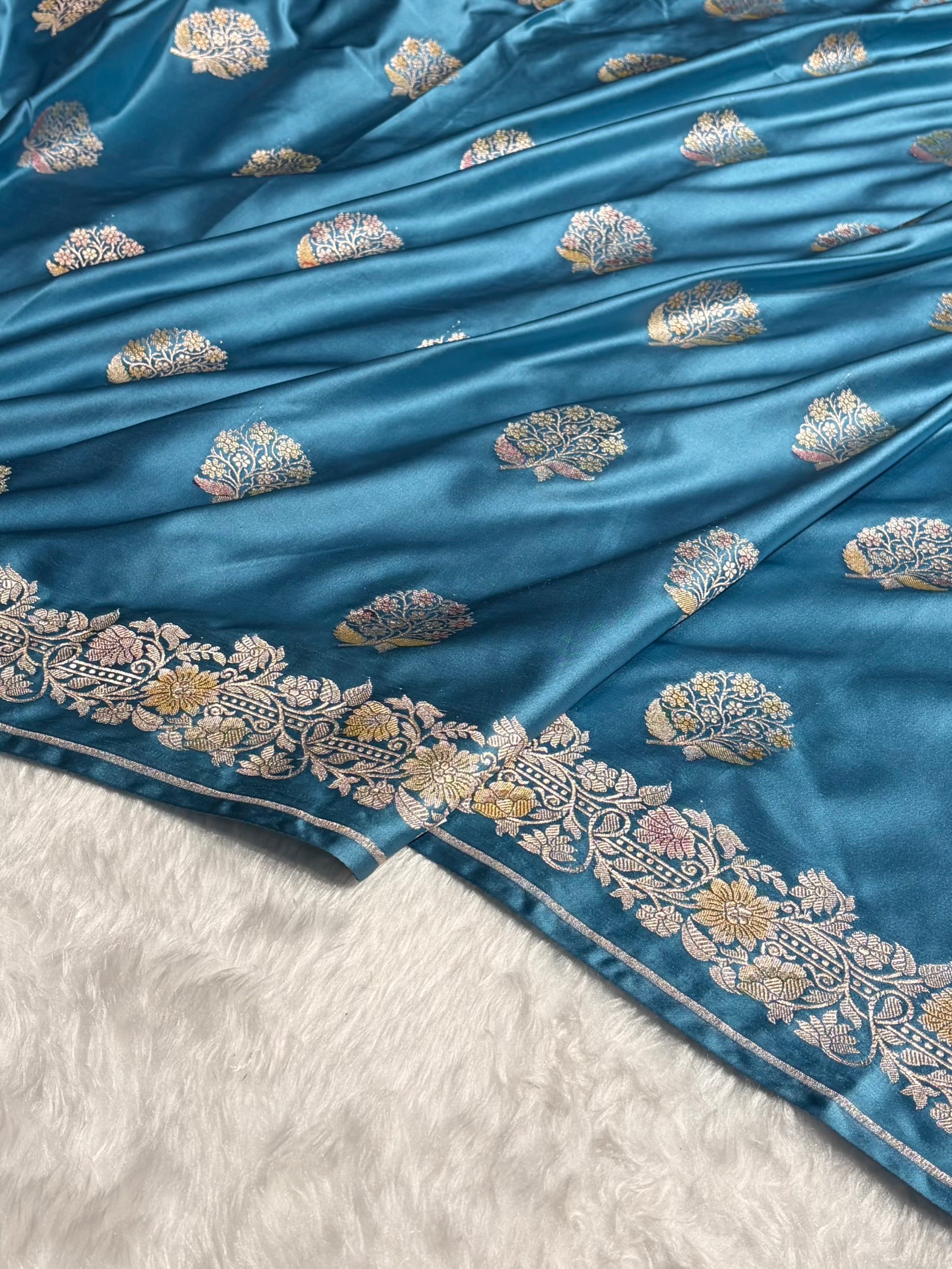 Sky Blue Mashru Silk Saree With Allover Floral Boota MS21