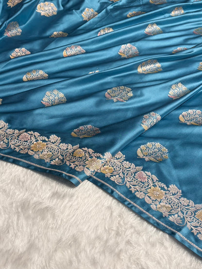 Sky Blue Mashru Silk Saree With Allover Floral Boota MS21