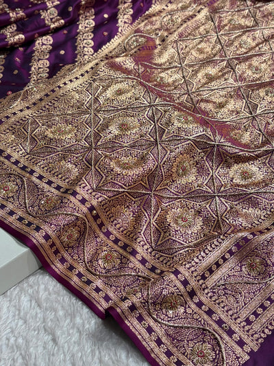 Banarasi Wine Shades Cross Floral Pattern With Zardozi Work Satin Katan Silk Saree BSK79