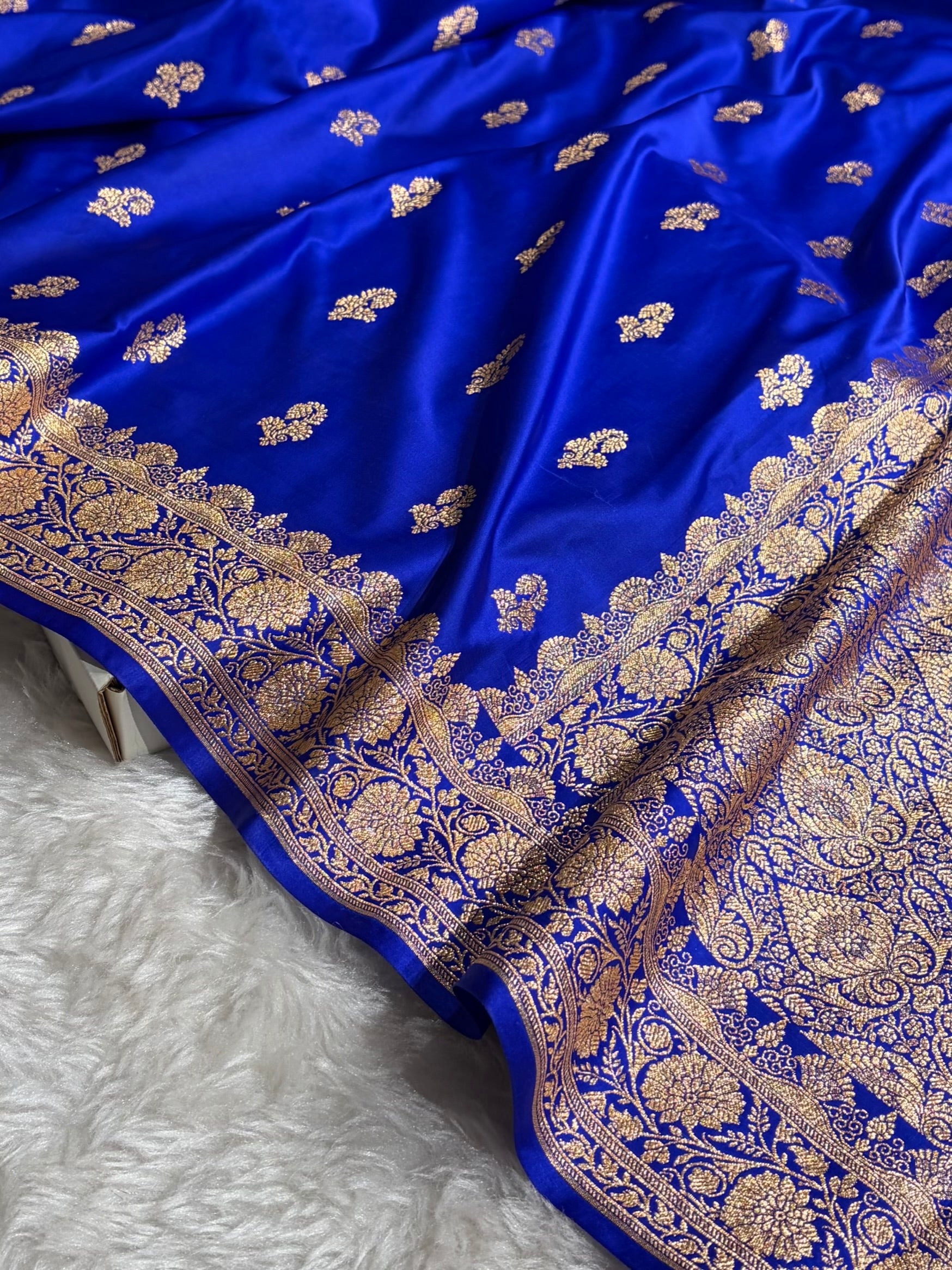 Royal Blue Shades Floral Booti Motif Satin Katan Silk saree SK61