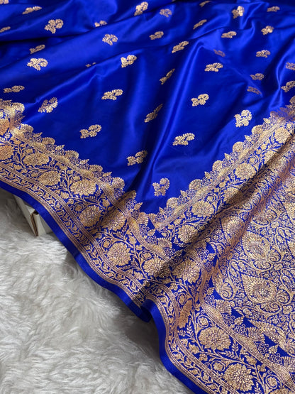 Royal Blue Shades Floral Booti Motif Satin Katan Silk saree SK61