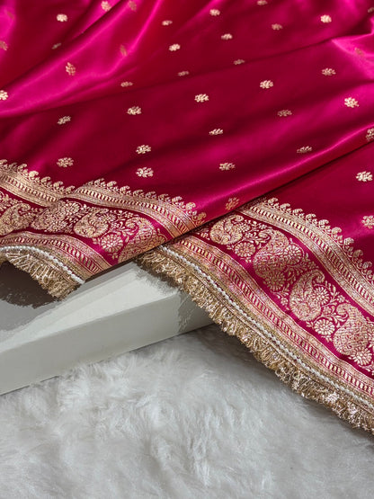 Banarasi Satin Katan Saree With Gotta Patti Boota Pattern in Cross Rani Shades SKGP127