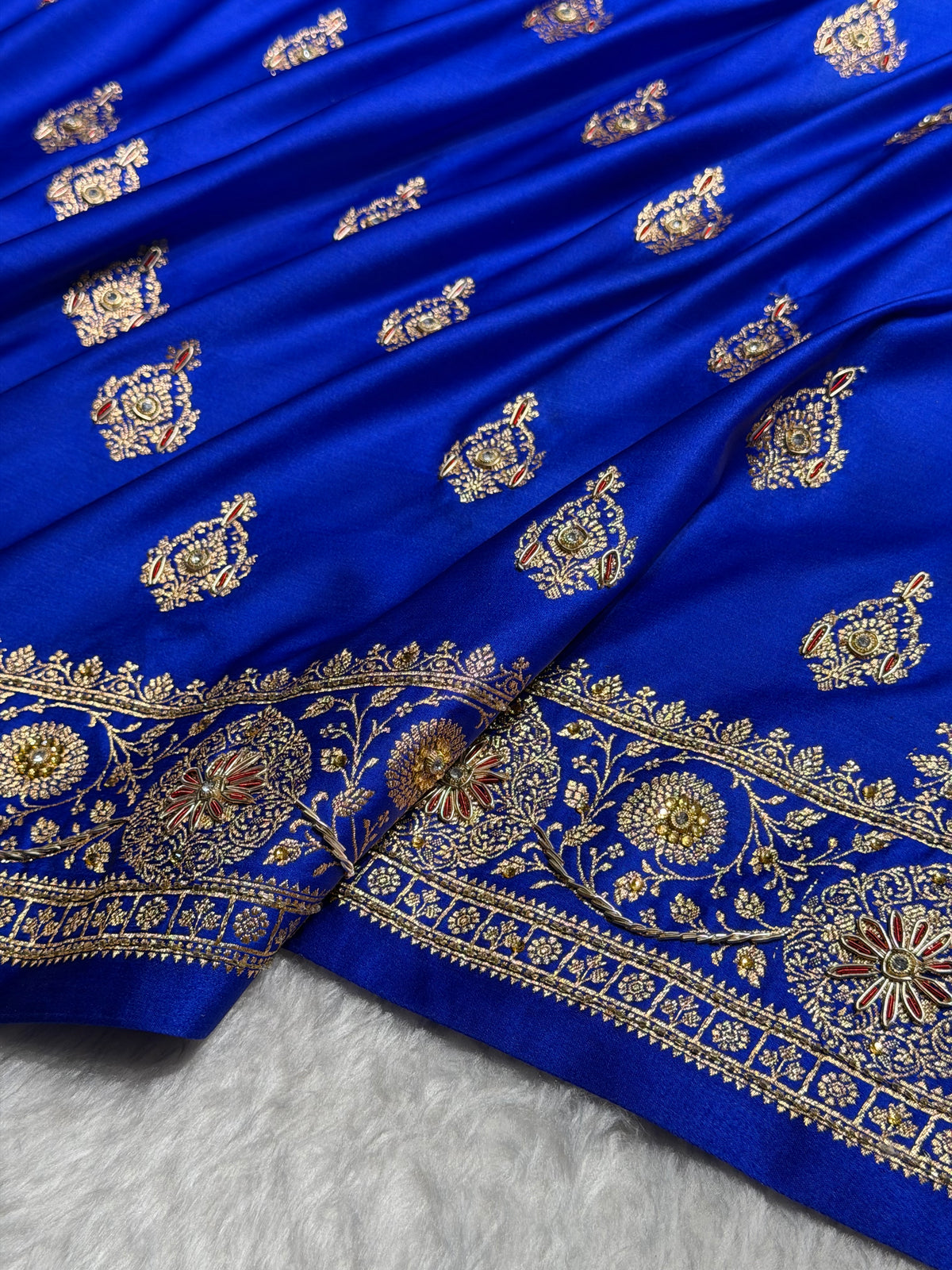 Banarasi Satin Katan Saree With Aari Zardozi Work Boota in Royal blue Shades BSK98