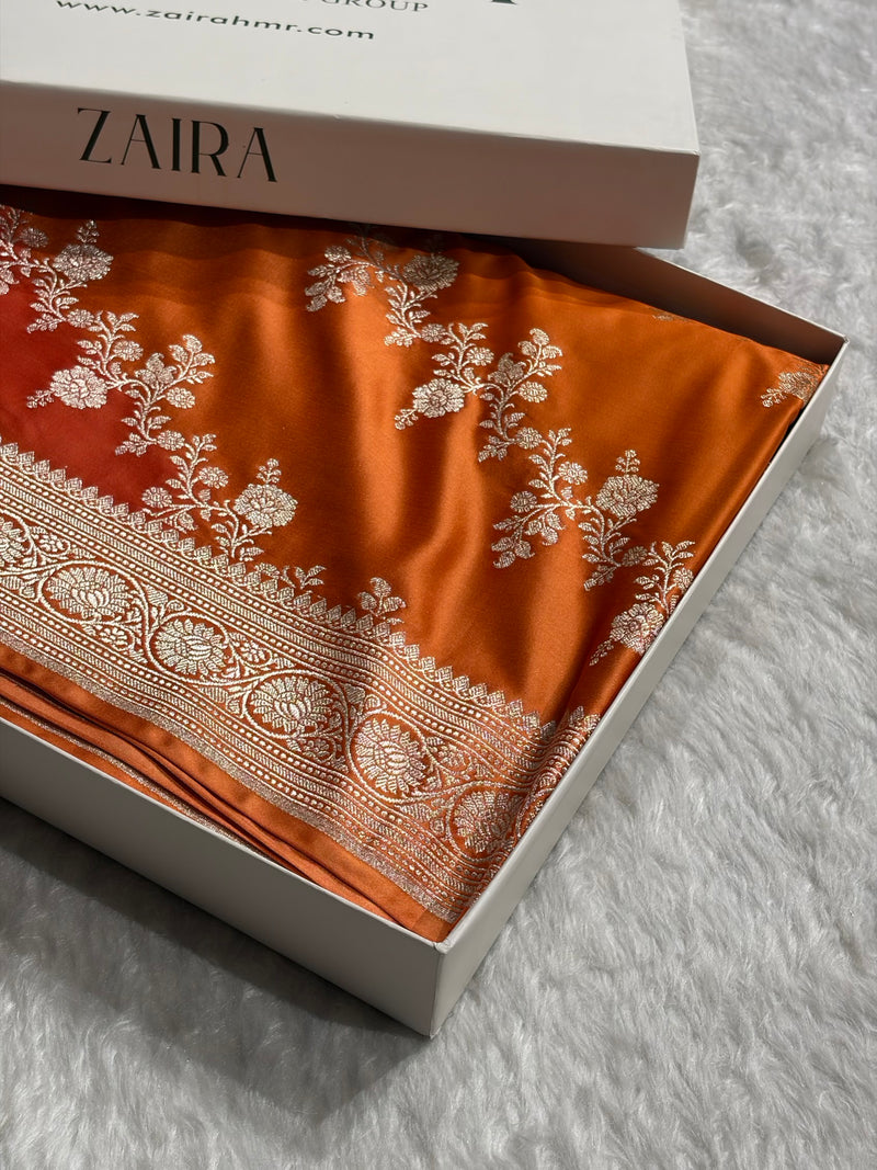 Orange Rangkat Banarasi Cross Mashru Silk Saree MSRK01