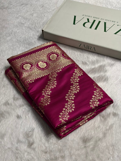 Rani Floral Cross Pattern Satin Katan Silk Saree SK74