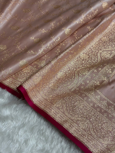 Rose Gold Floral Booti Banarasi Satin Katan Silk Saree SK15