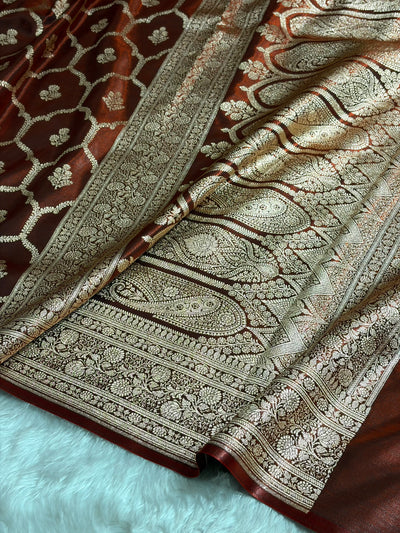 Maroon Shades Jaal Pattern Banarasi Satin Silk Saree SS57