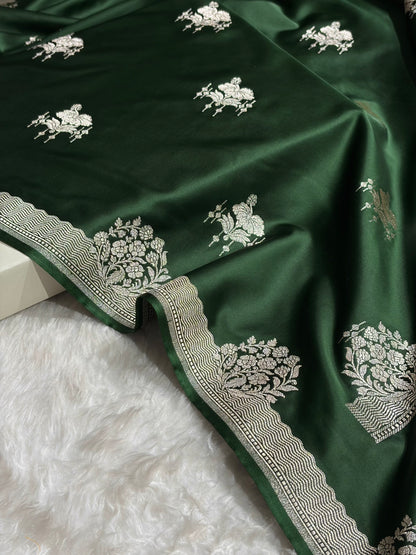 Banarasi Bottle Green Shades Floral Mashru Silk Saree MS87