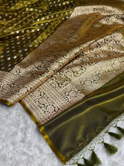 Satin Silk Booti in Mehandi Shades SS01