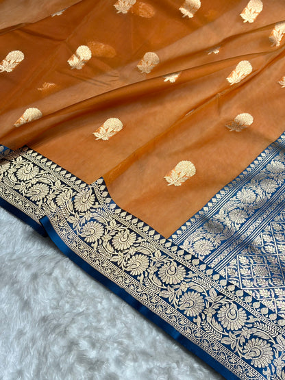 Contrast Banarasi Pure Organza Orange With Royal Blue Floral Banarasi Silk Saree PO-09