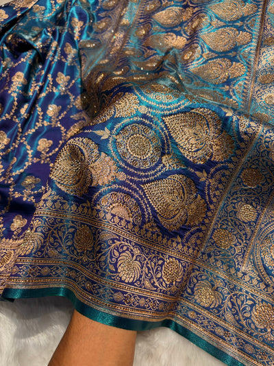 Satin Silk Saree Banarasi Swarovski Work Jaal in Peacock Blue Shades BSS23