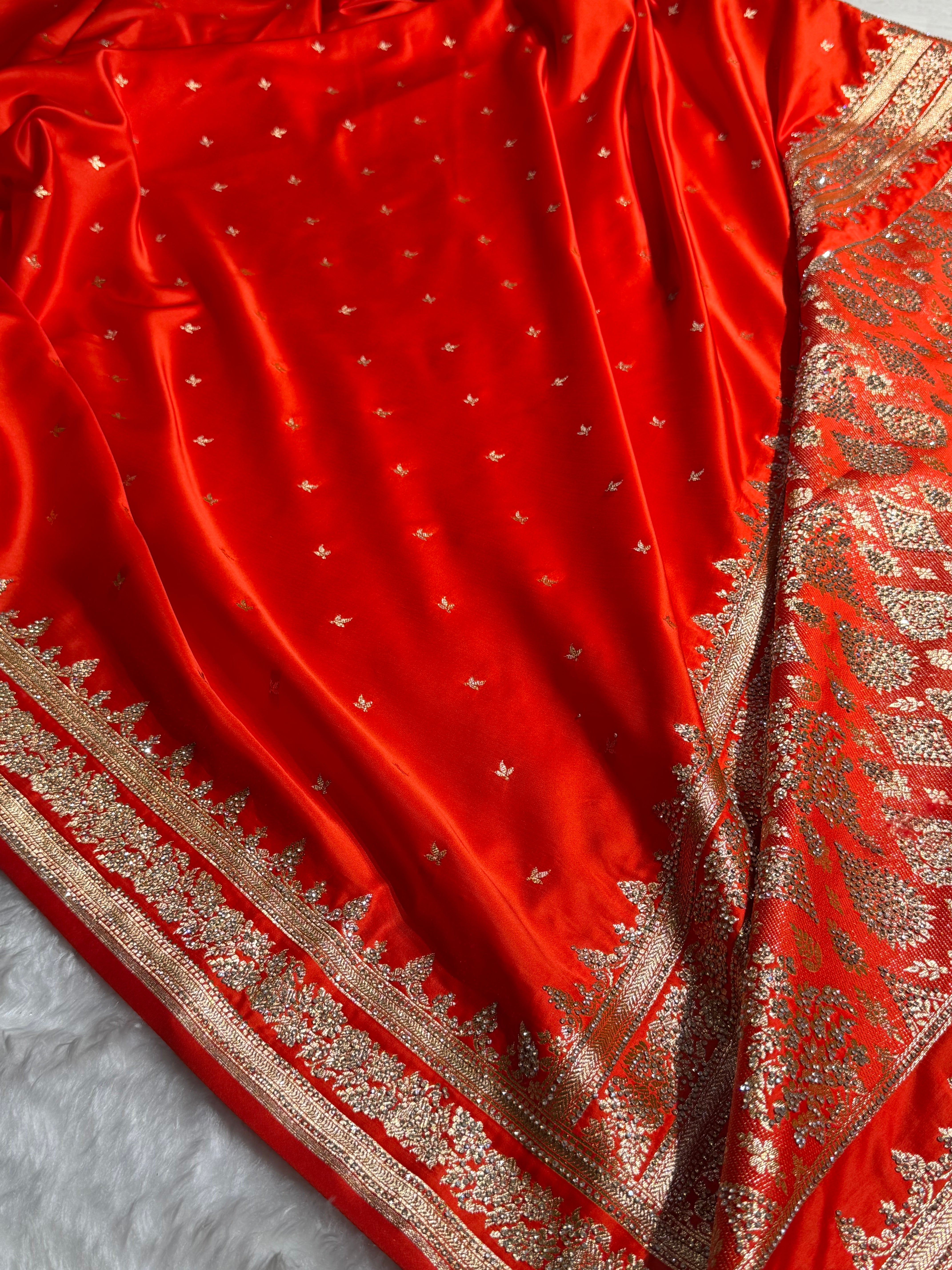 Orange Banarasi Swarovski Work Booti Katan Silk Saree BSKM17