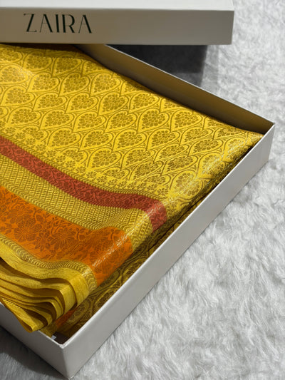 Banarasi Yellow Shade Flower Minakari Brocade Pure Caramel Mango Silk Saree CS-21