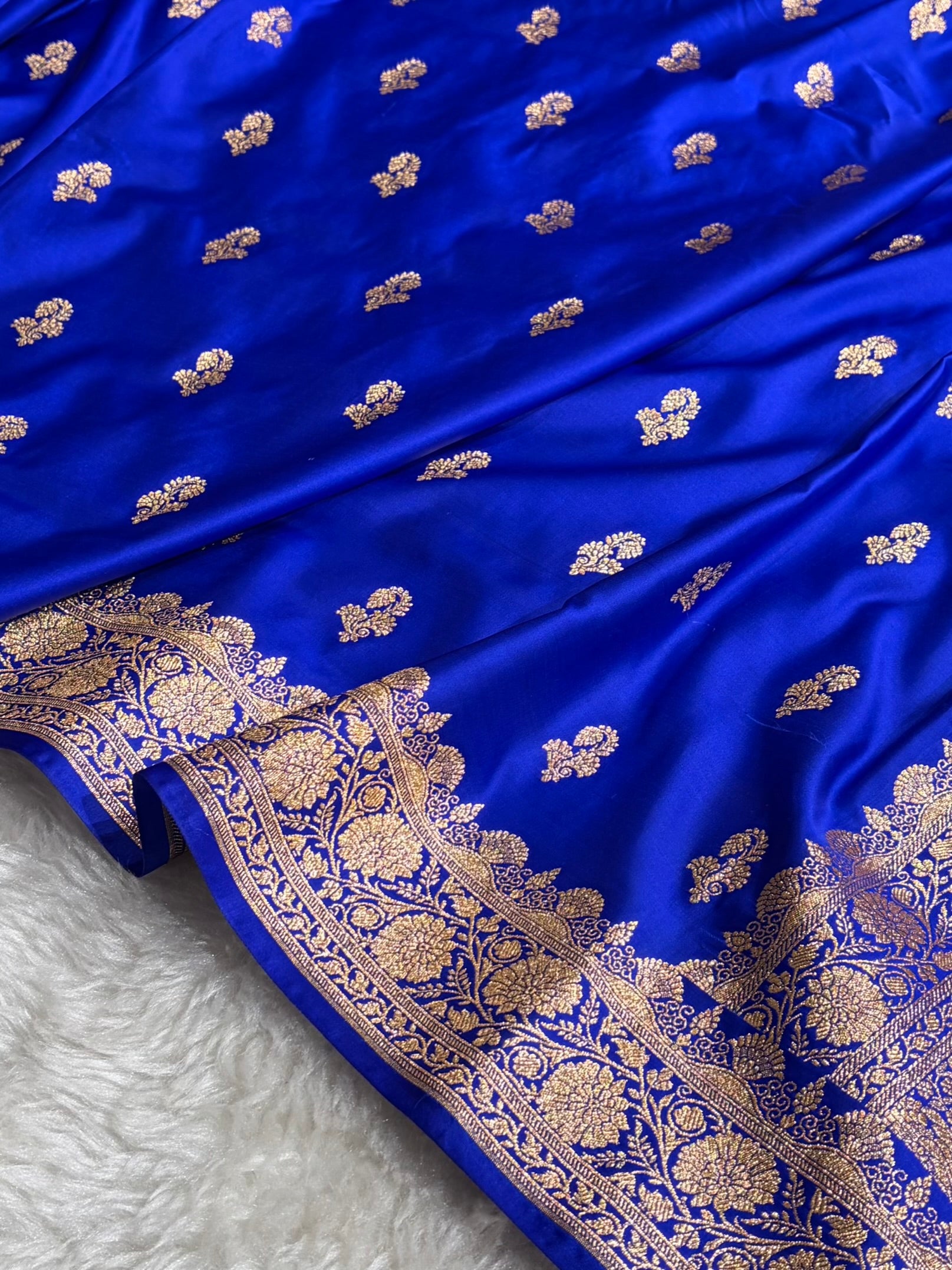 Royal Blue Shades Floral Booti Motif Satin Katan Silk saree SK61