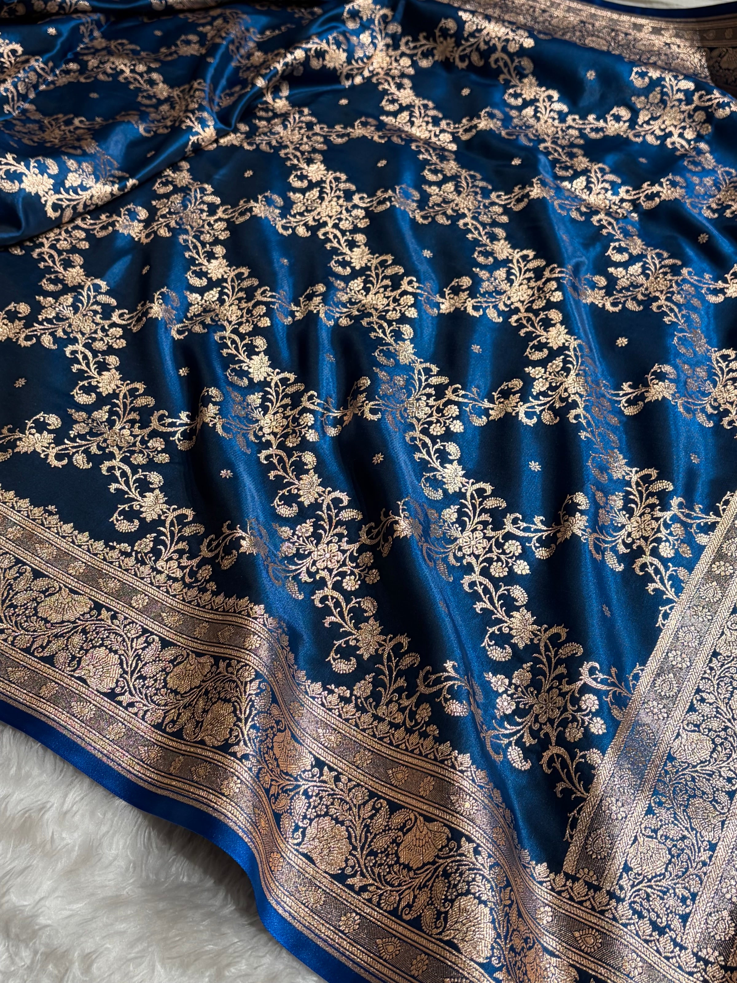 German Blue Shades Jaal Pattern Banarasi Satin Silk Saree SS48