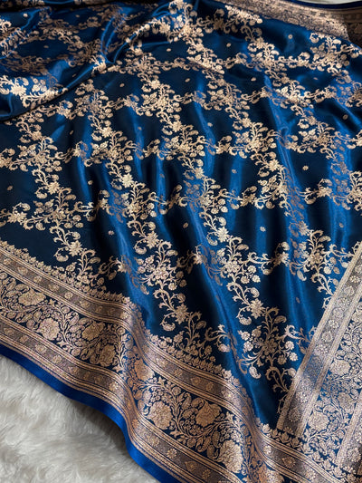 German Blue Shades Jaal Pattern Banarasi Satin Silk Saree SS48