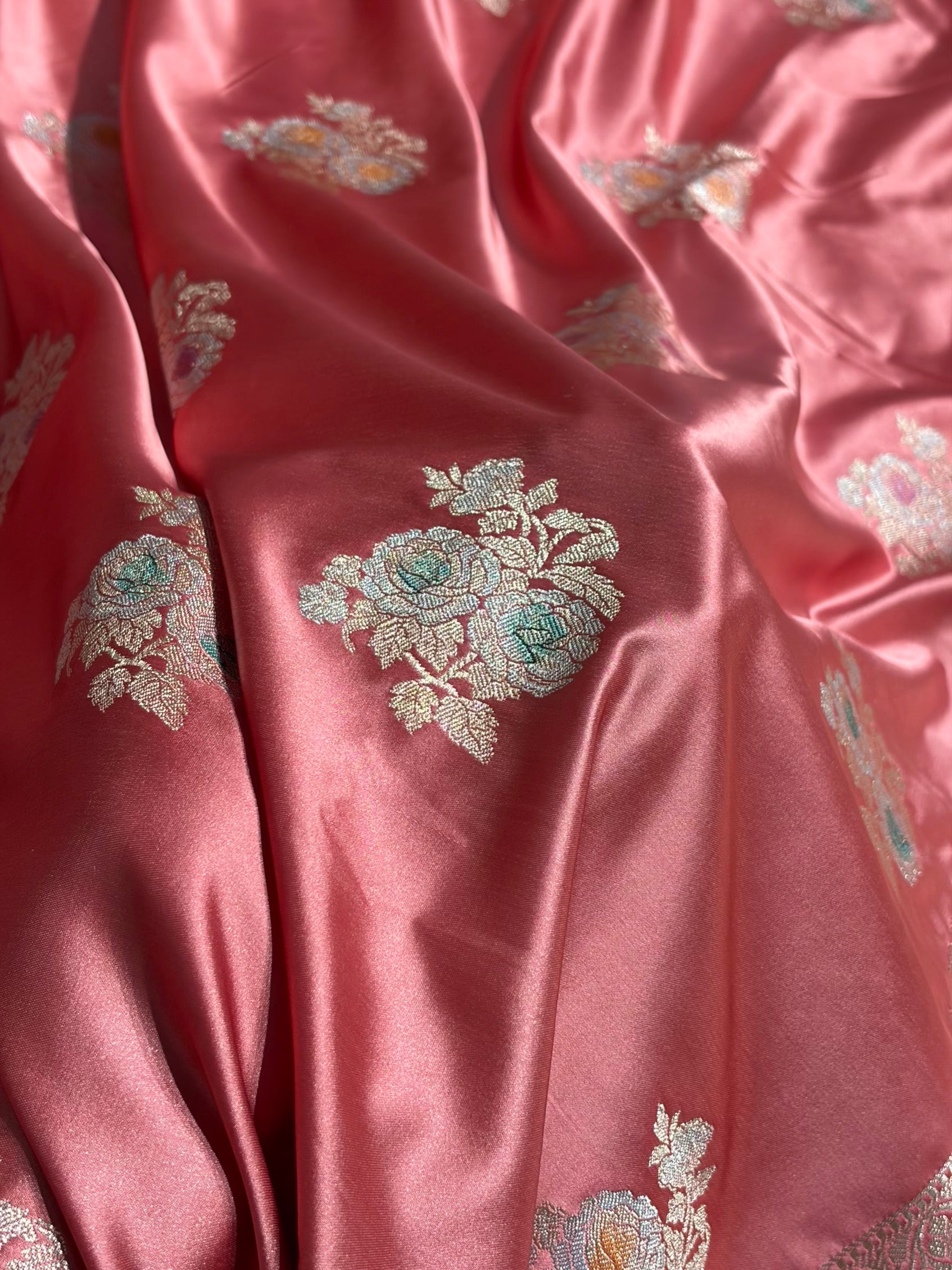 Peach Shades Sona Rupa Floral Minakari Motif Mashru Silk Saree MCS50