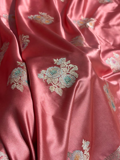 Peach Shades Sona Rupa Floral Minakari Motif Mashru Silk Saree MCS50