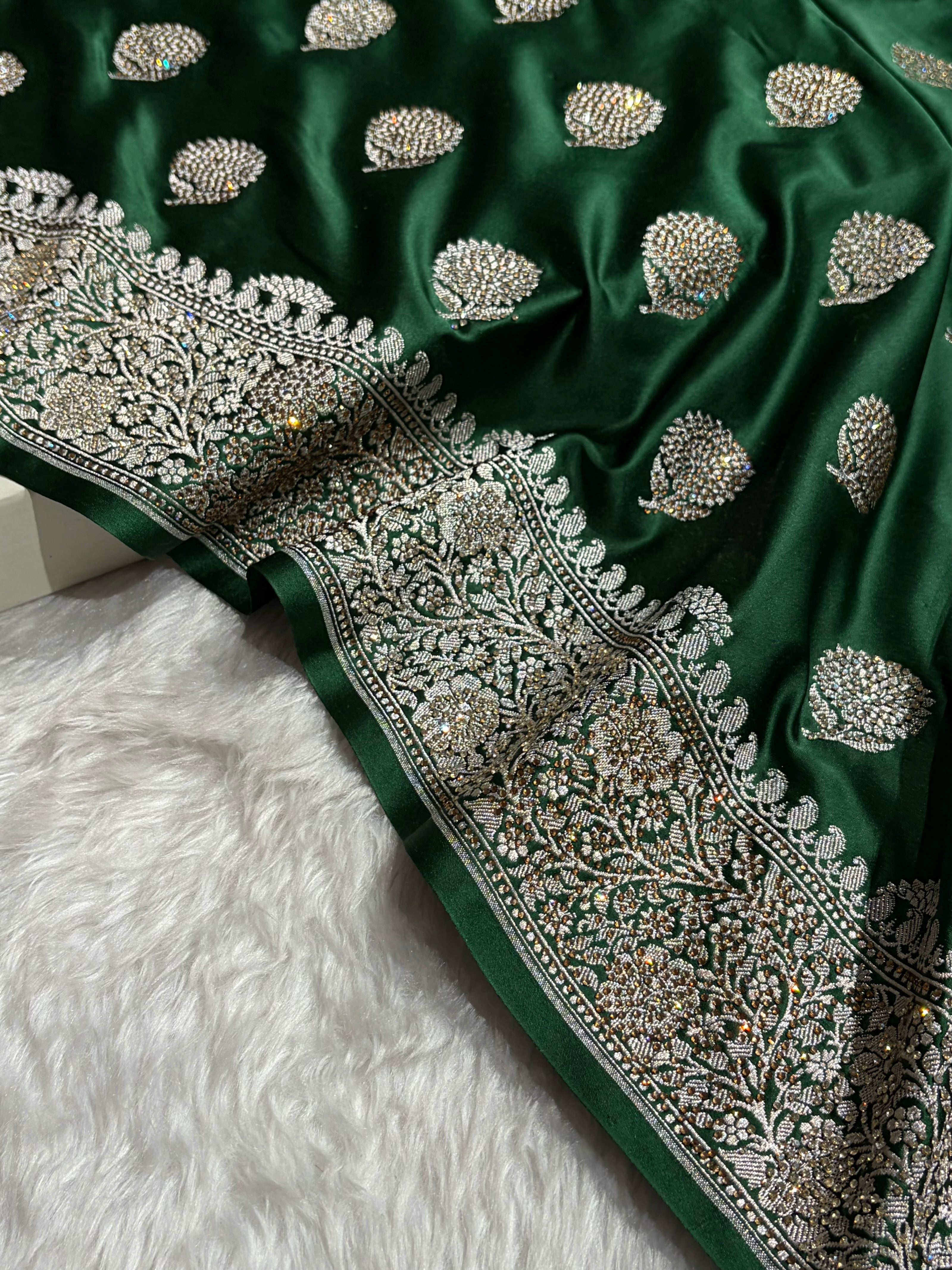 Bottle Green Tree Boota With Swarovski Work Mashru Silk Saree BMS19