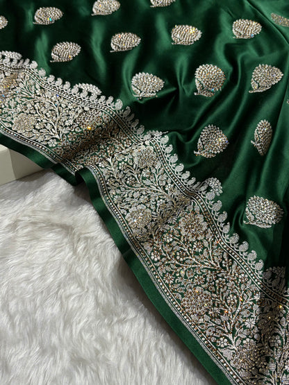 Bottle Green Tree Boota With Swarovski Work Mashru Silk Saree BMS19