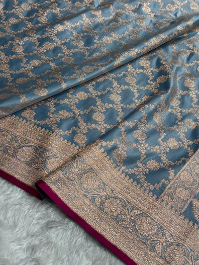 Turquoise Shades Jaal Pattern Satin Katan Silk Saree SK25