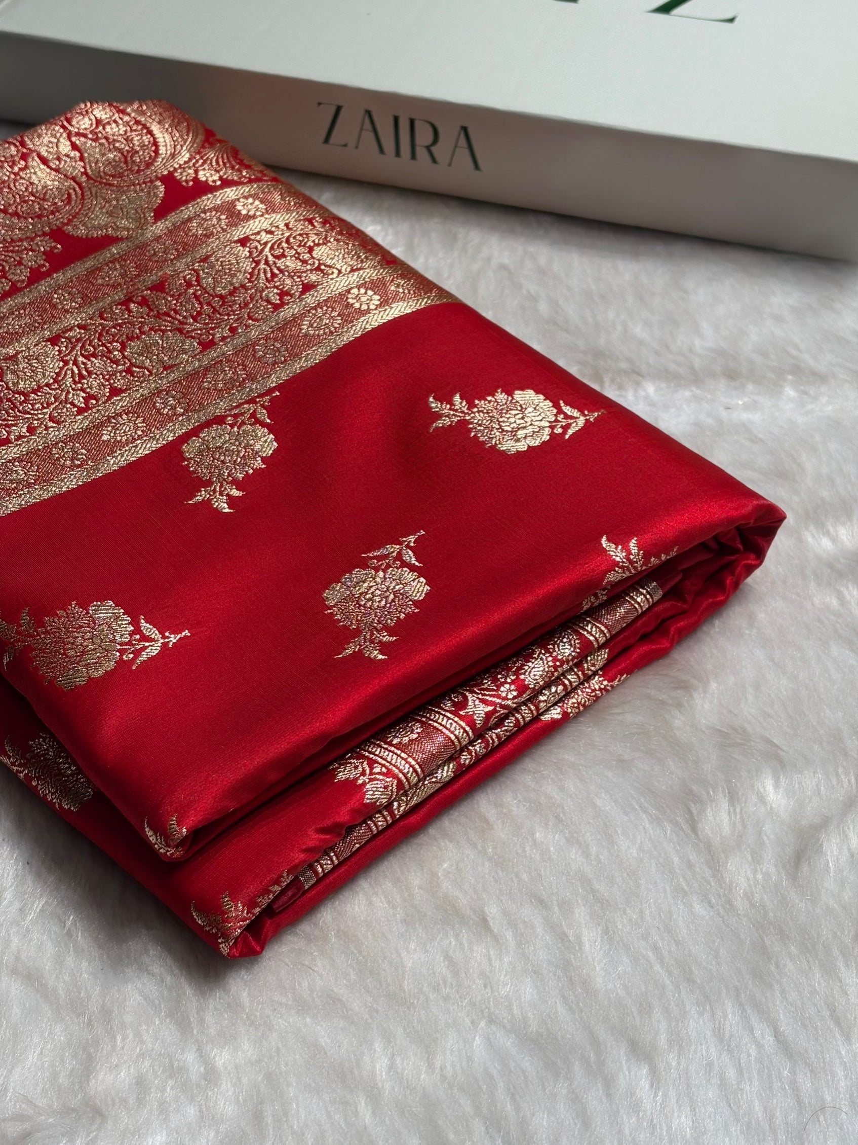 Satin Silk Saree Floral Boota in Red Shades SS26