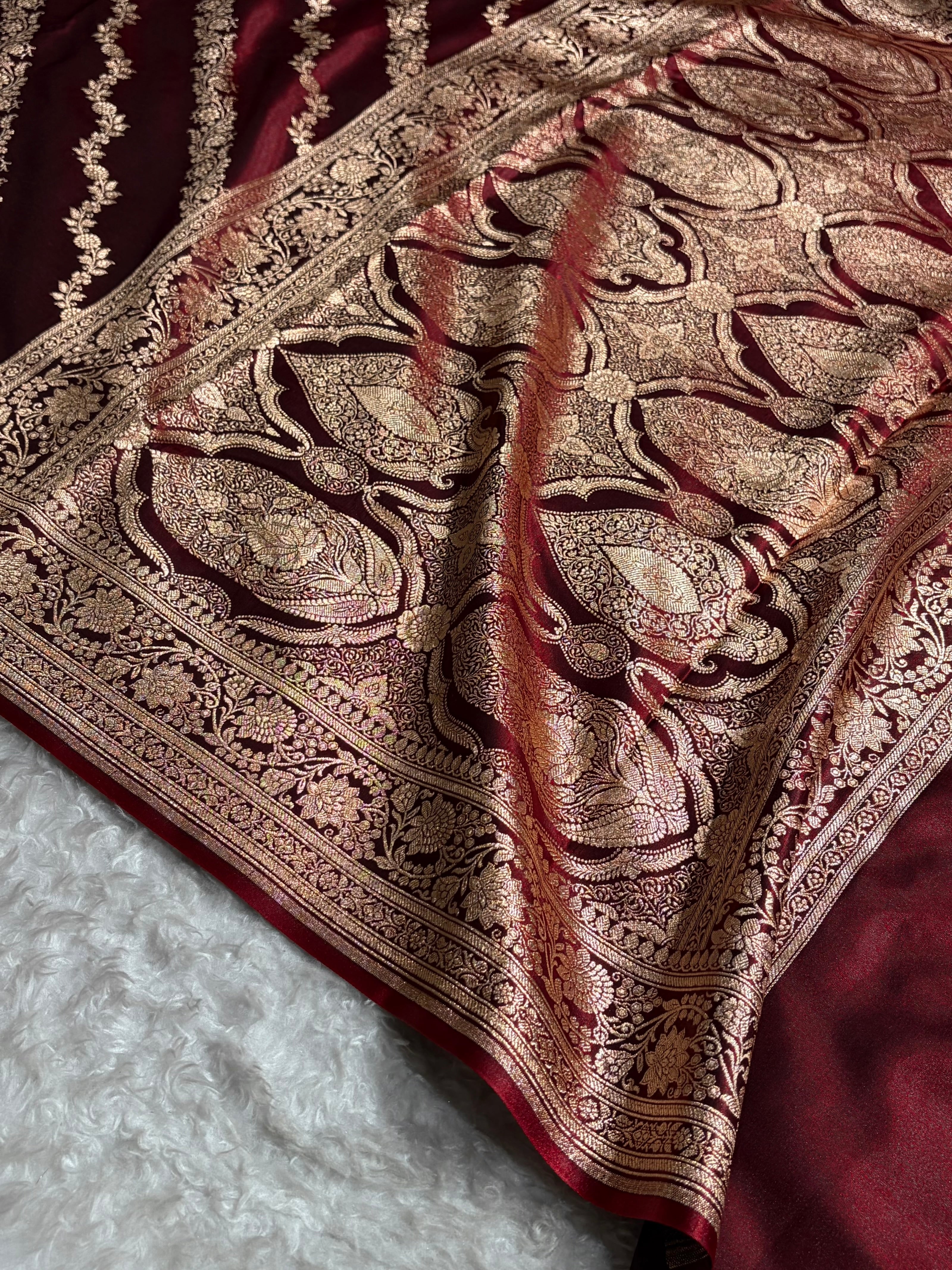Banarasi Ultra Light Weight Satin Silk Mahroon in Cross Pattern SS10