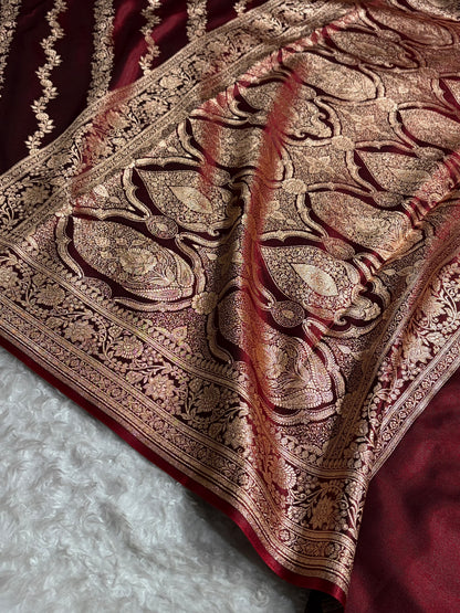 Banarasi Ultra Light Weight Satin Silk Mahroon in Cross Pattern SS10