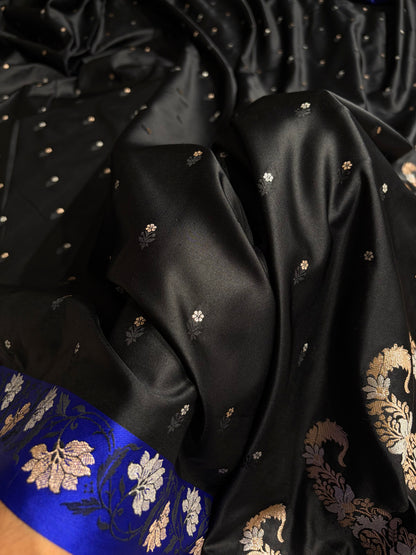 Black With Royal Blue Floral Boota With Floral Border Mashru Silk Saree MSM-78