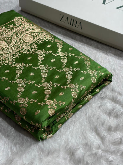 Banarasi Satin Katan Saree Jaal Pattern In Mahndi Green Shades SK133