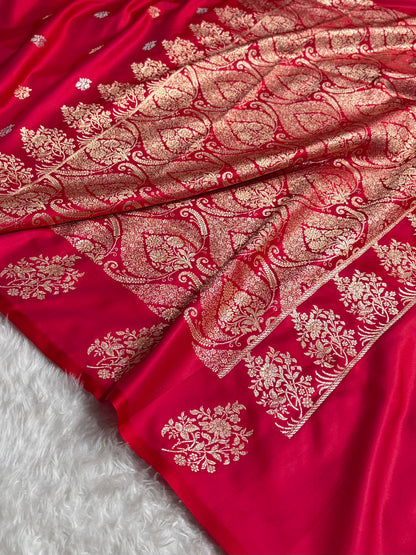 Cross Red Shades Banarasi With Floral Border Mashru Silk Saree MSM-126