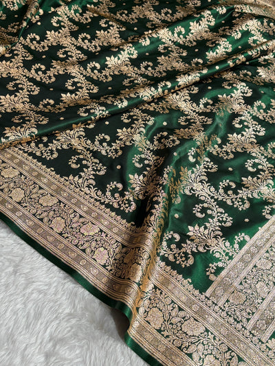 Bottle Green Shades Jaal Pattern Banarasi Satin Silk Saree SS49