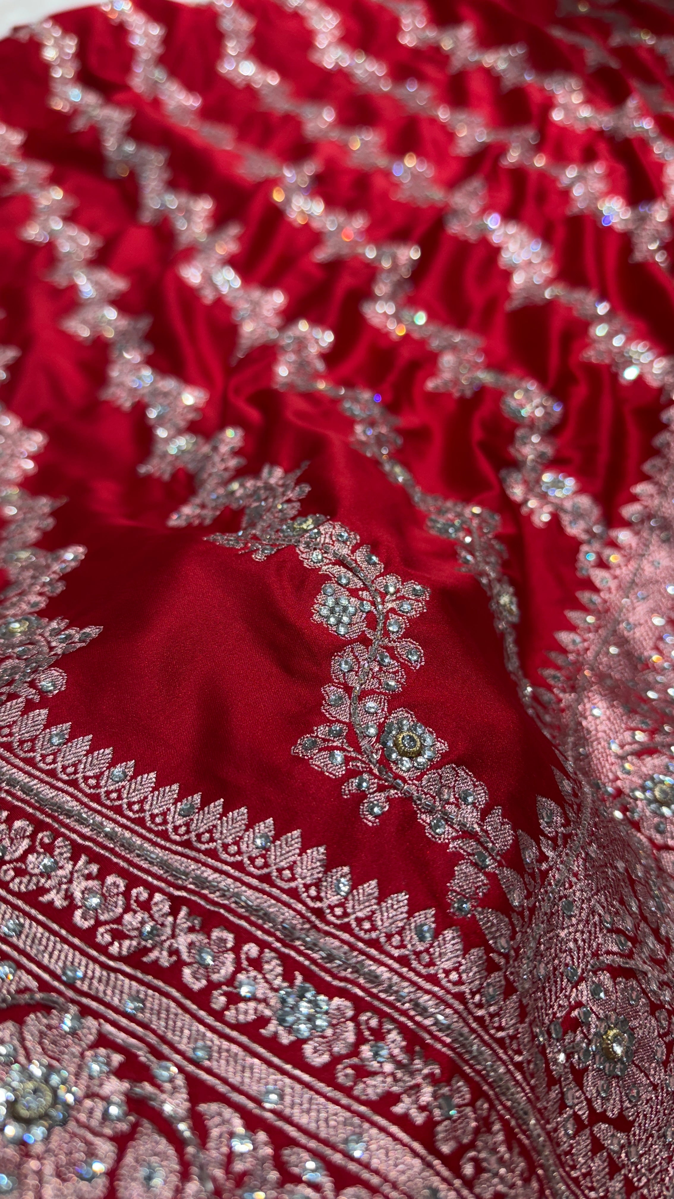 Bridal Red Mashru Silk with Ari and stone work with Gotta Patti