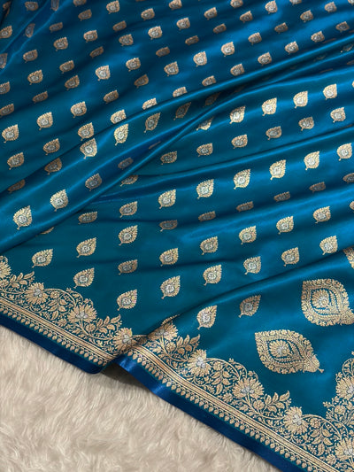 Banarasi Firozi Shades Minakari Booti Pattern Banarasi Satin Silk Saree SS60