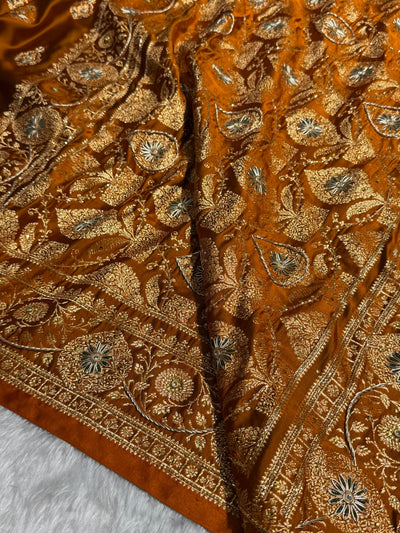 Banarasi Satin Katan Saree With Aari Zardozi Work Boota in Rust Shades BSK98