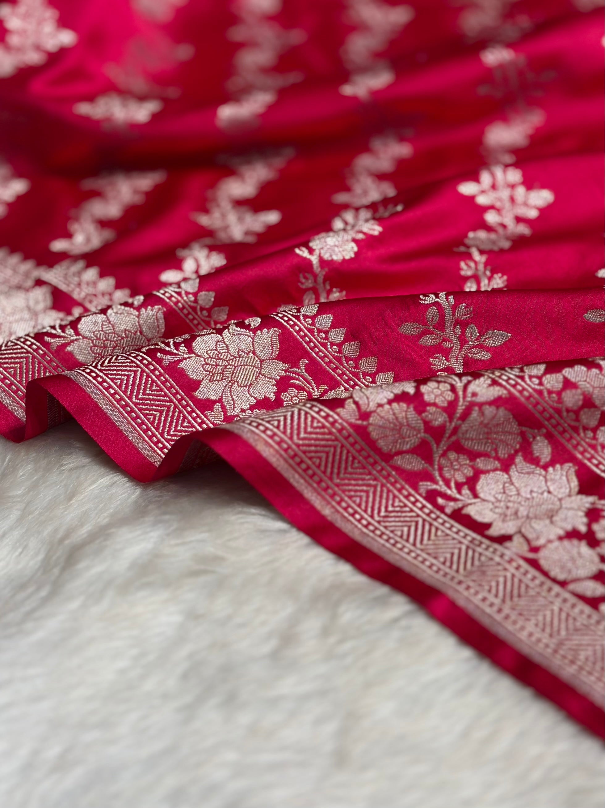 Ruby Pink Shades Banarasi Cross Jaal Mashru Silk Saree MS18