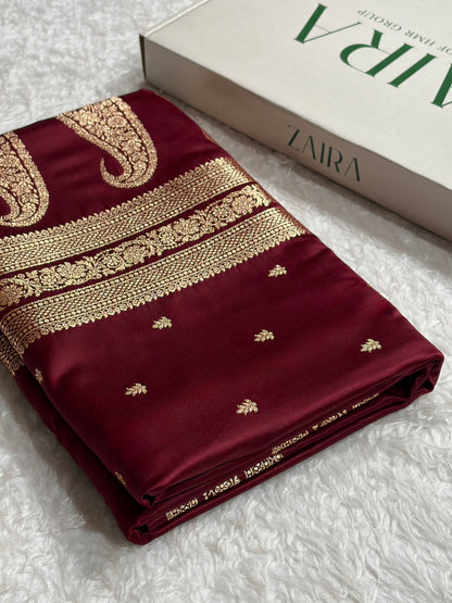 Banarasi Satin Katan Saree With Booti Pattern in Garnet Shades SK125