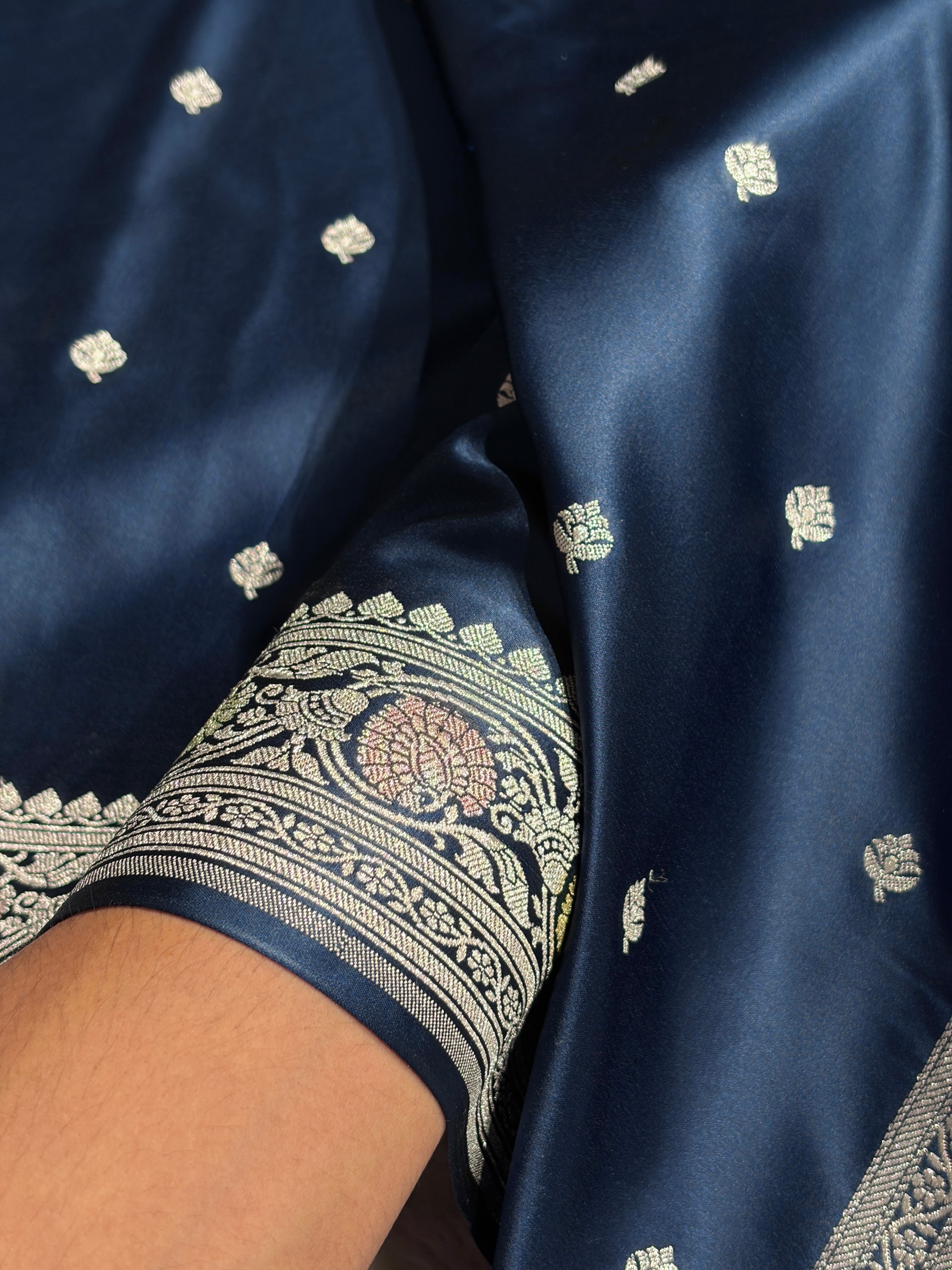 Banarasi Dark German Blue Booti Mashru Silk Saree MS10