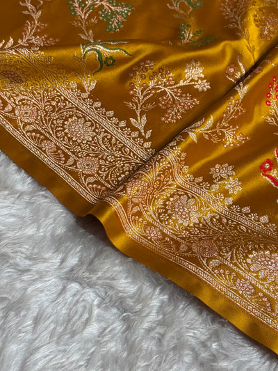 Banarasi Satin Katan Saree Floral Minakari Jaal Pattern in Mustard Shades SK151