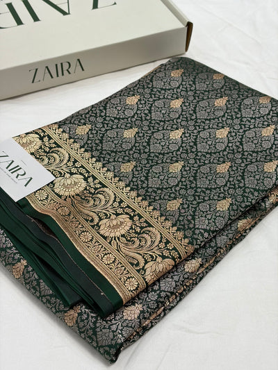 Bottle Green Shade With Tanchoi Brocade Pattern Katan Silk Saree