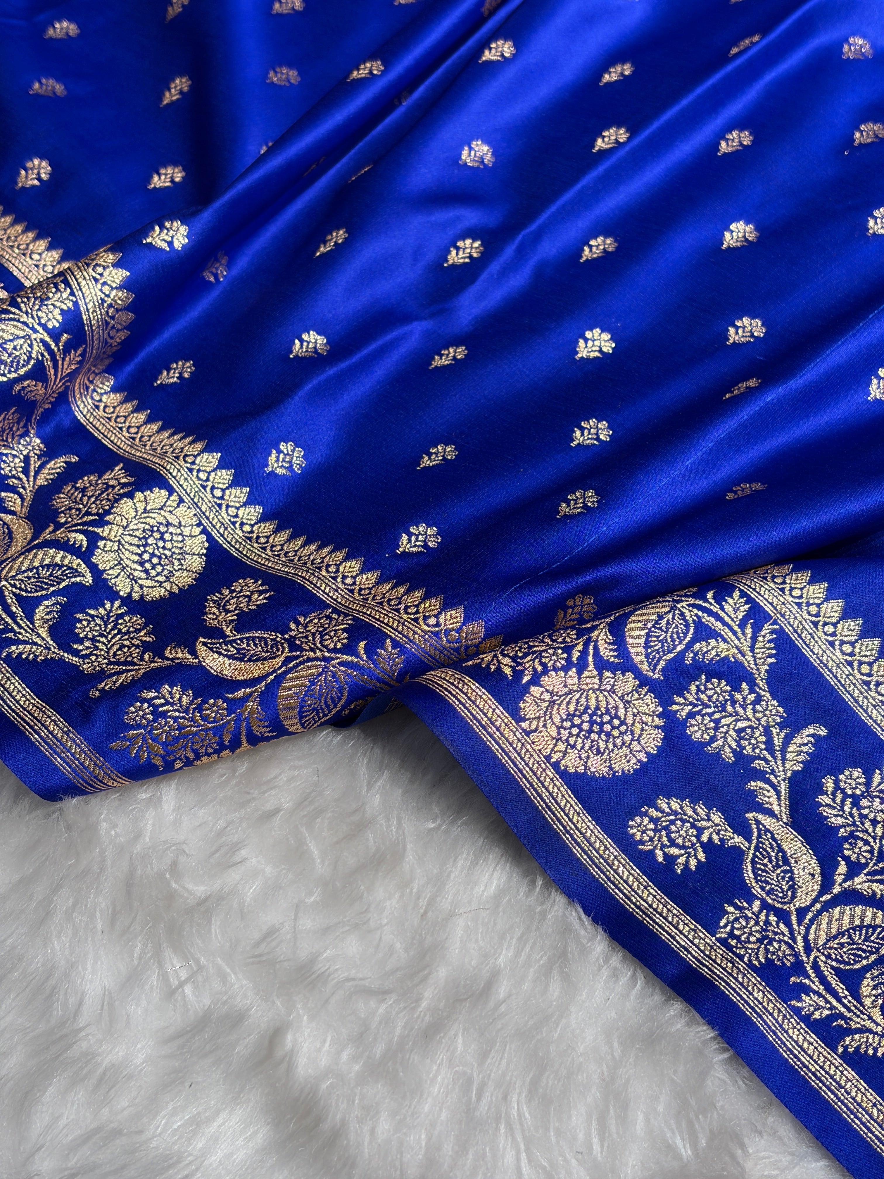 Royal Blue Floral Pattern Satin Katan Silk Saree SK77