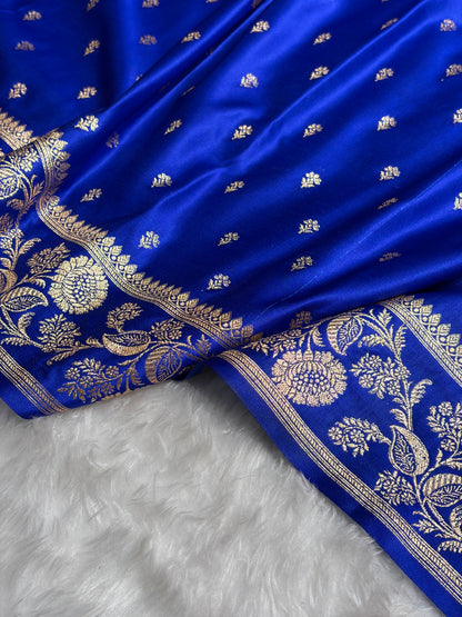 Royal Blue Floral Pattern Satin Katan Silk Saree SK77