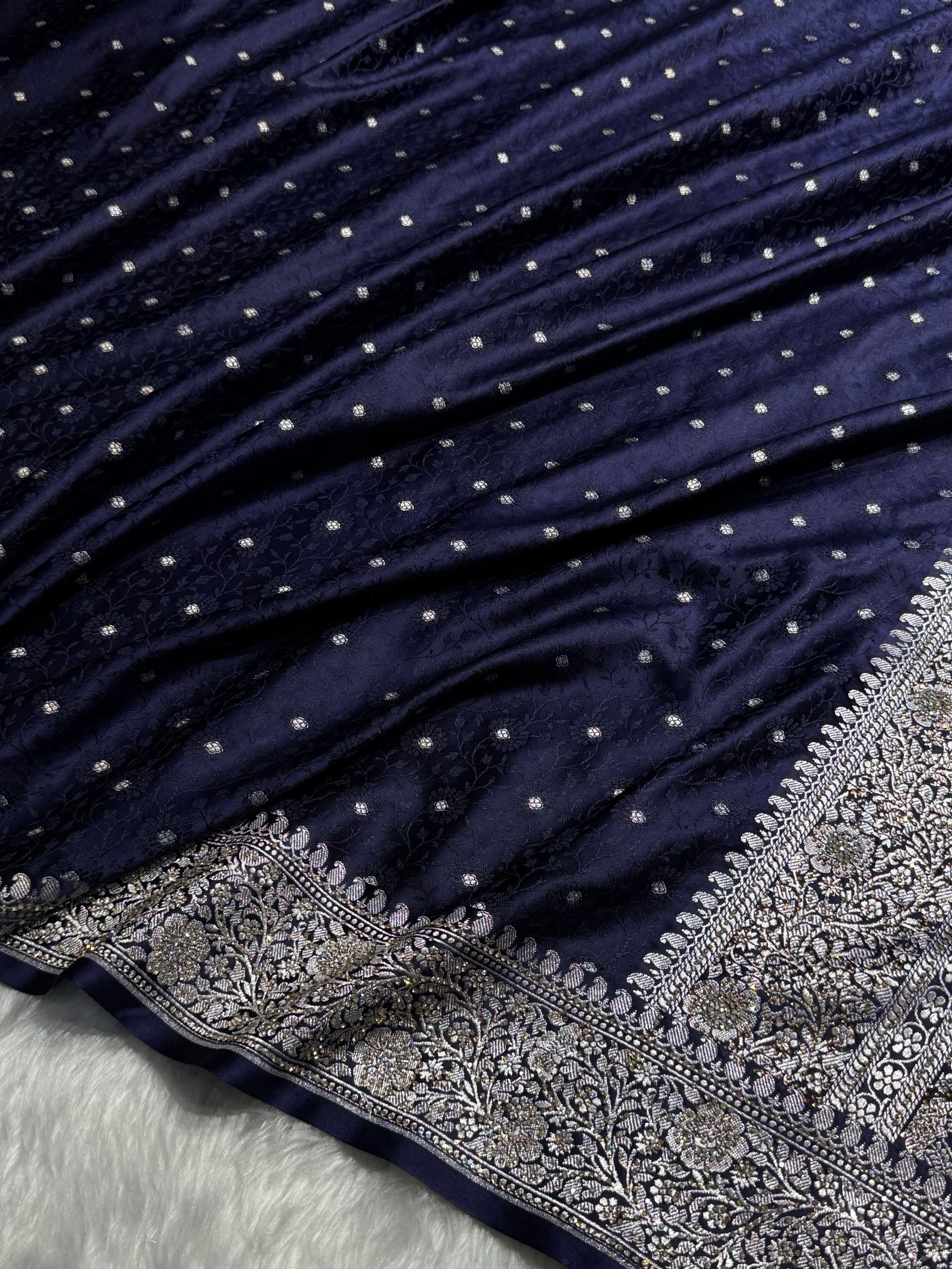 Navy Blue Shades Booti Tanchoi With White Swarovski Work Mashru Silk Saree BMS49