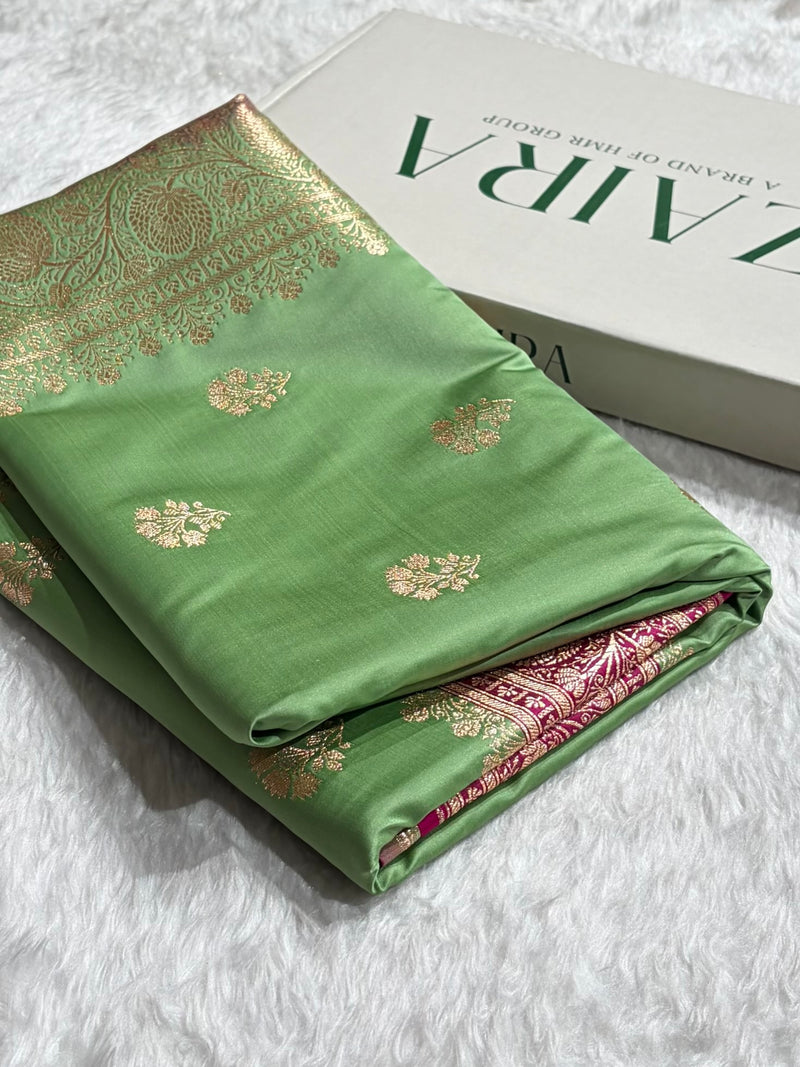 Pista Green- Rani Banarasi Boota Katan Silk Saree SKM29