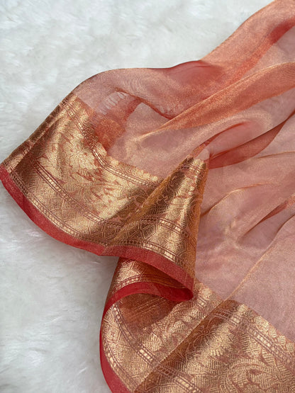 Peach Shades Bananasi Floral Shades Pure Tissue Silk Saree PT-58