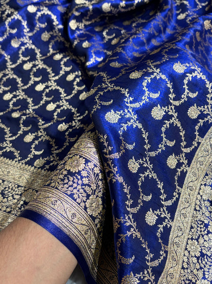 Royal Blue Shades Jaal Pattern Banarasi Satin Silk Saree SS43
